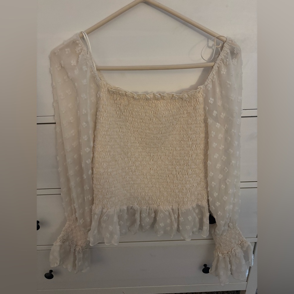 Sweet Lemon Sheer Cream Blouse with Floral Details size L